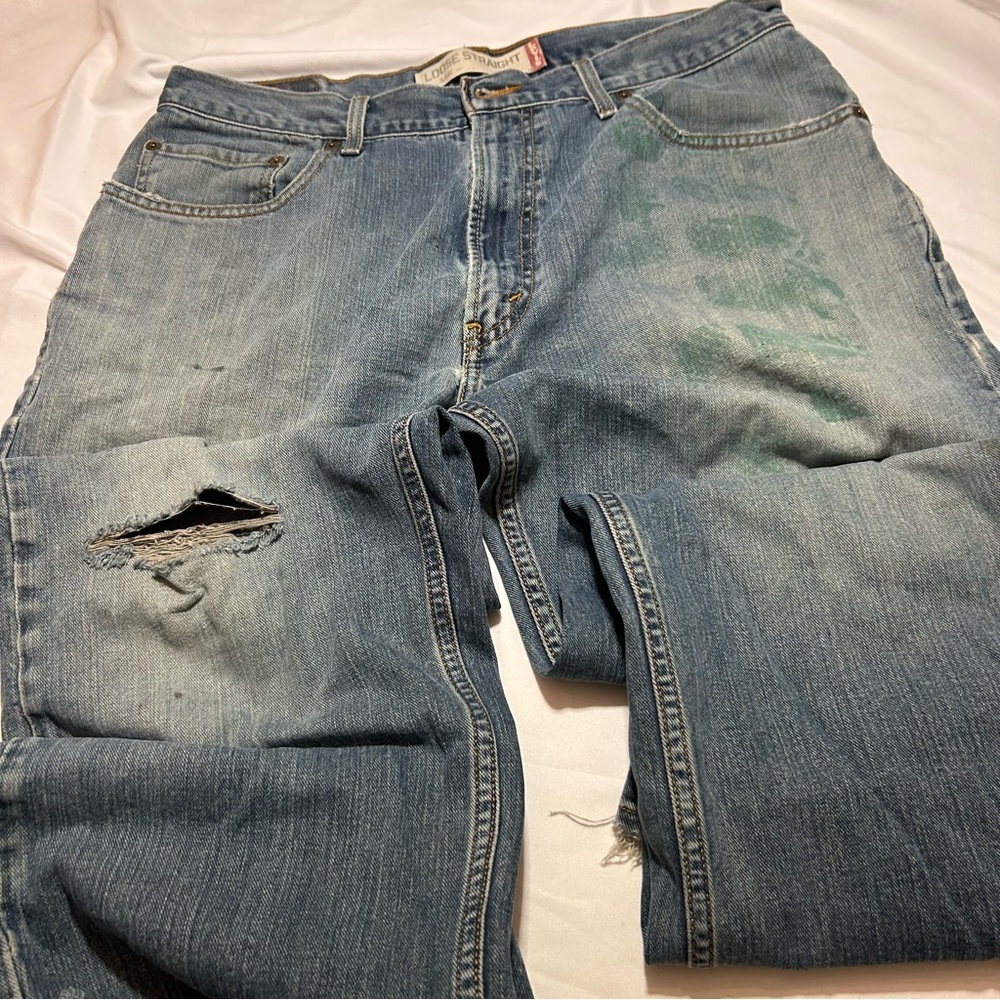 Levi's 569 34 x 32 distressed jeans paint holes two button fly zipper men's jean